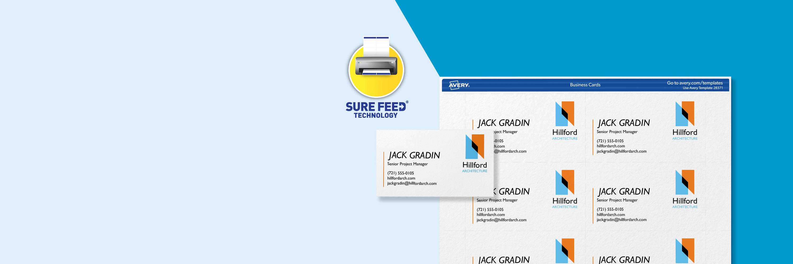 Motion graphic flatlay of a sheet of Sure Feed business cards with a design printed on them, sitting next to a single printed card.